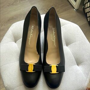 Salvatore Ferragamo Black and Gold Elegant Heels